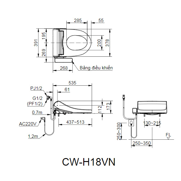 bản vẽ kỹ thuật nắp rửa điện tử inax cw-h18vn